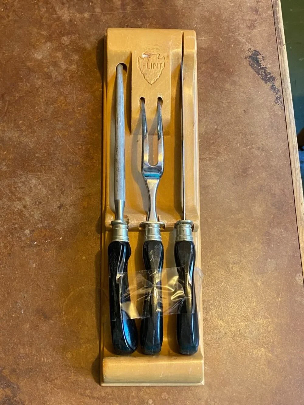 Flint Vanadium Knife Carving Set Thanksgiving Made In USA Black Handle Vintage